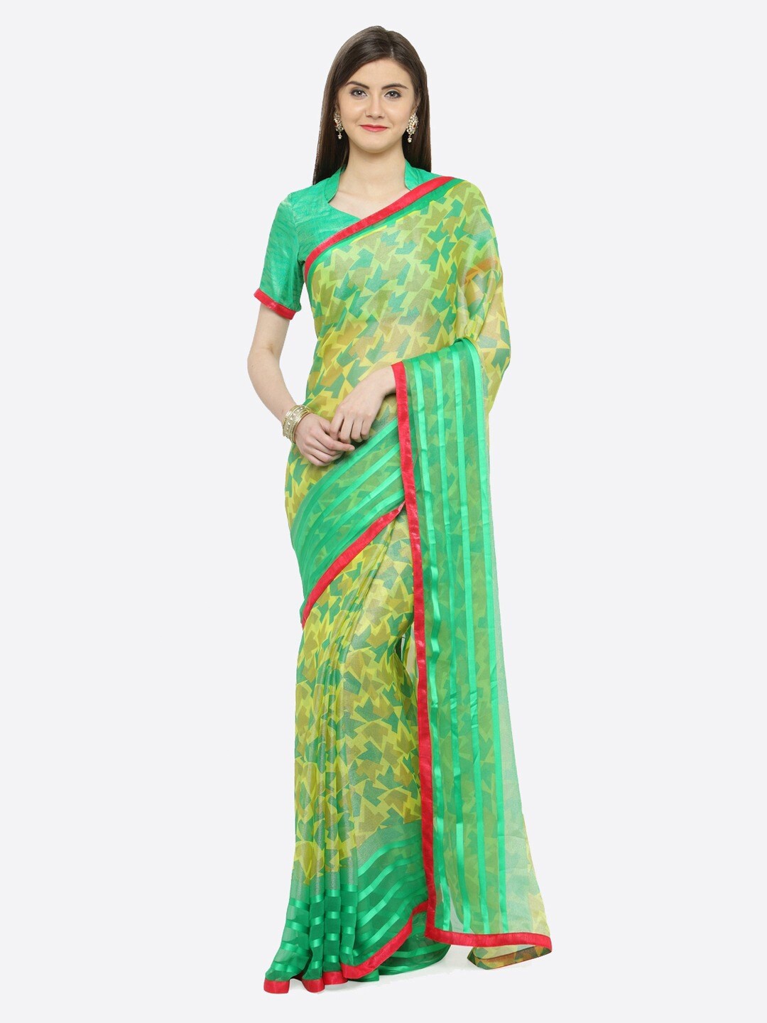 

HRITIKA Ethnic Motifs Woven Design Brasso Saree, Green