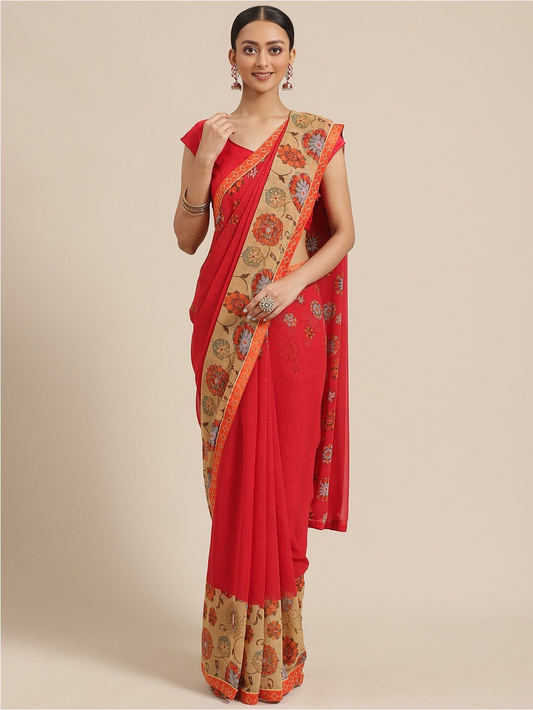 HRITIKA Floral Embroidered Pure Georgette Saree, Red
