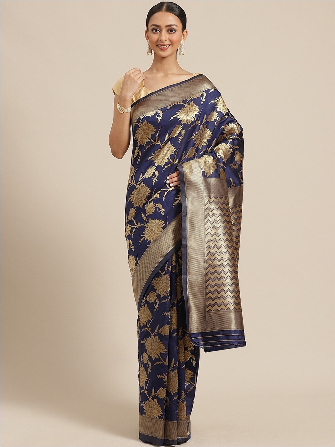 

HRITIKA Floral Woven Design Zari Saree, Navy blue