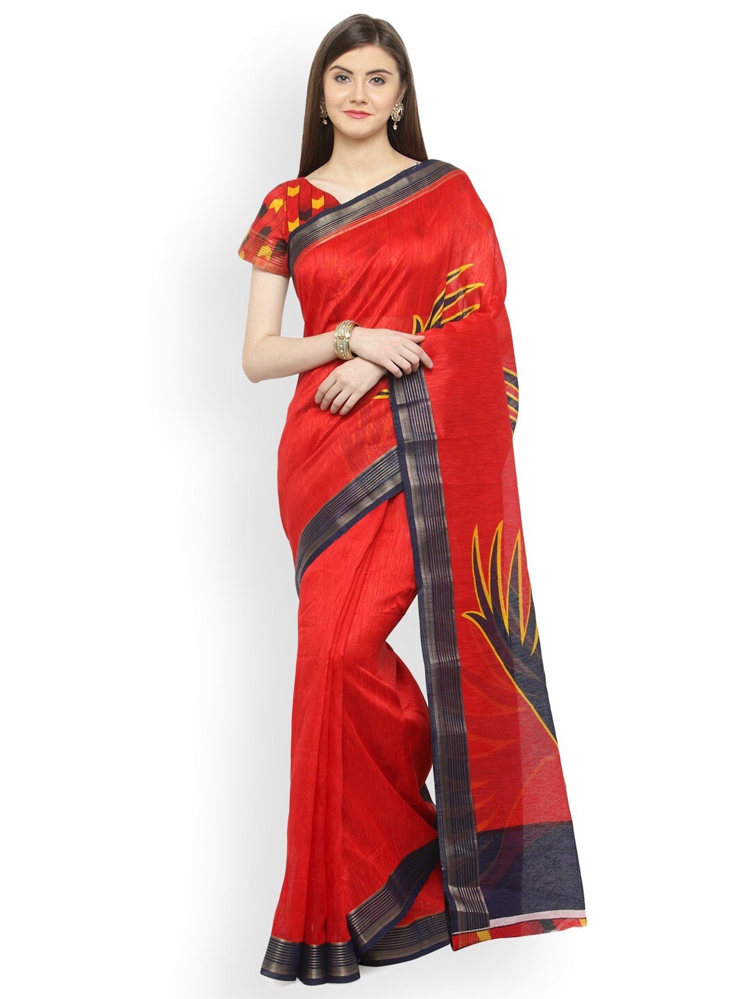 

HRITIKA Abstract Printed Zari Sik Cotton Saree, Red