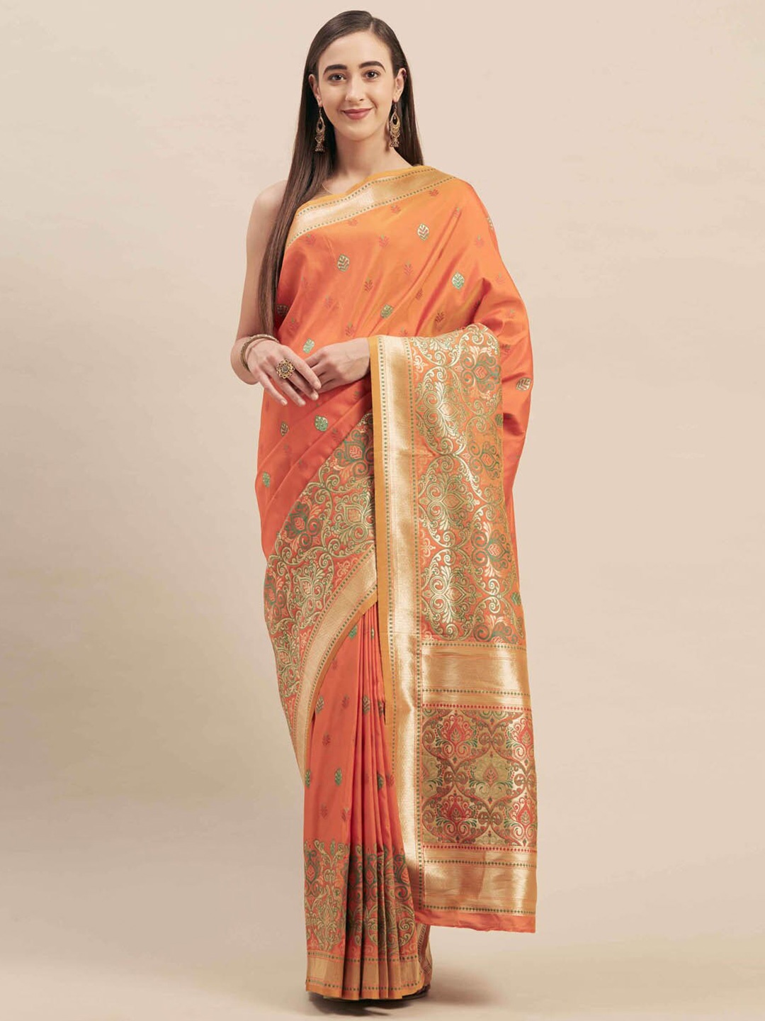 

HRITIKA Floral Woven Design Zari Saree, Orange