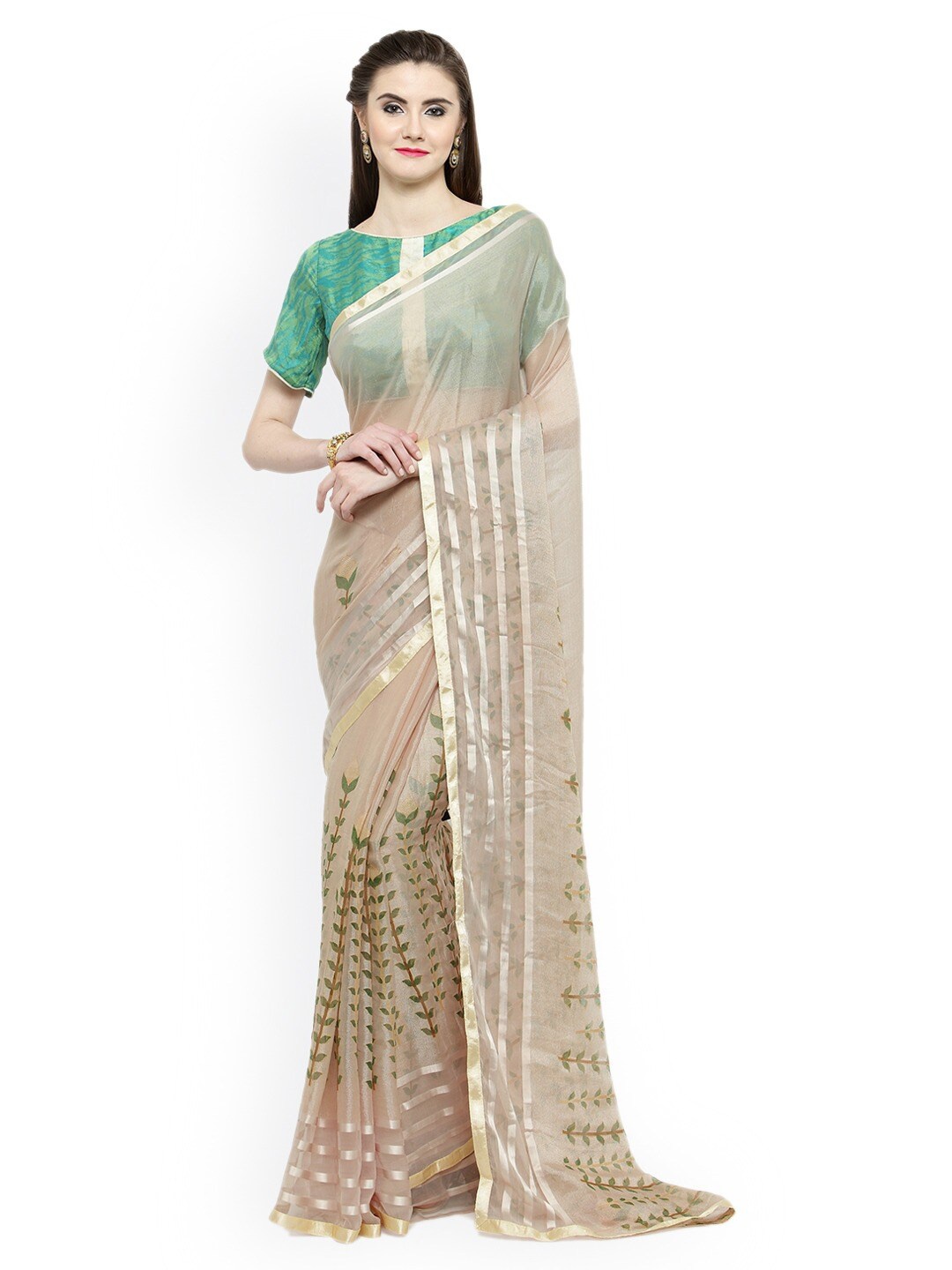 

HRITIKA Ethnic Motifs Printed Brasso Zari Saree, Cream