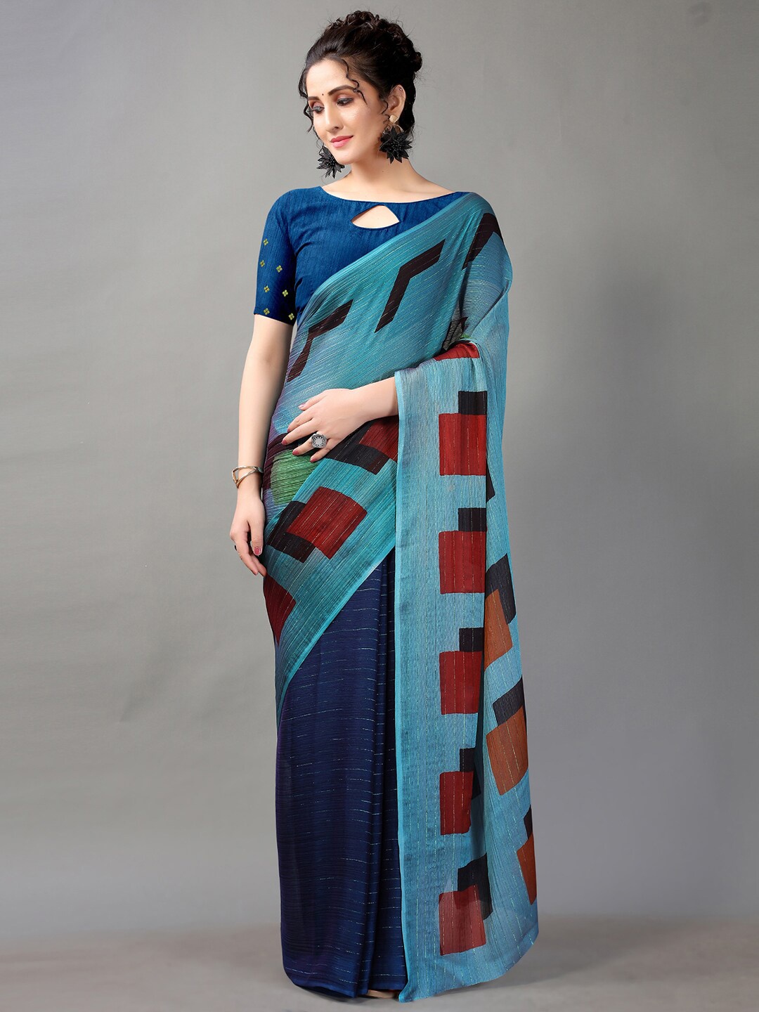 

HRITIKA Abstract Printed Pure Chiffon Half and Half Saree, Navy blue