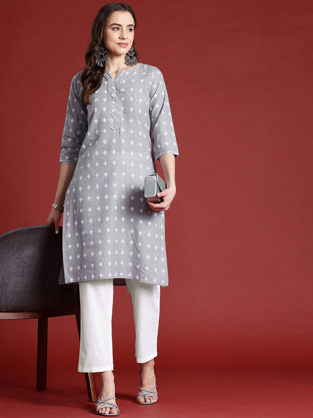

Anouk Printed Gotta Patti Pure Cotton Kurta with Trousers, Grey