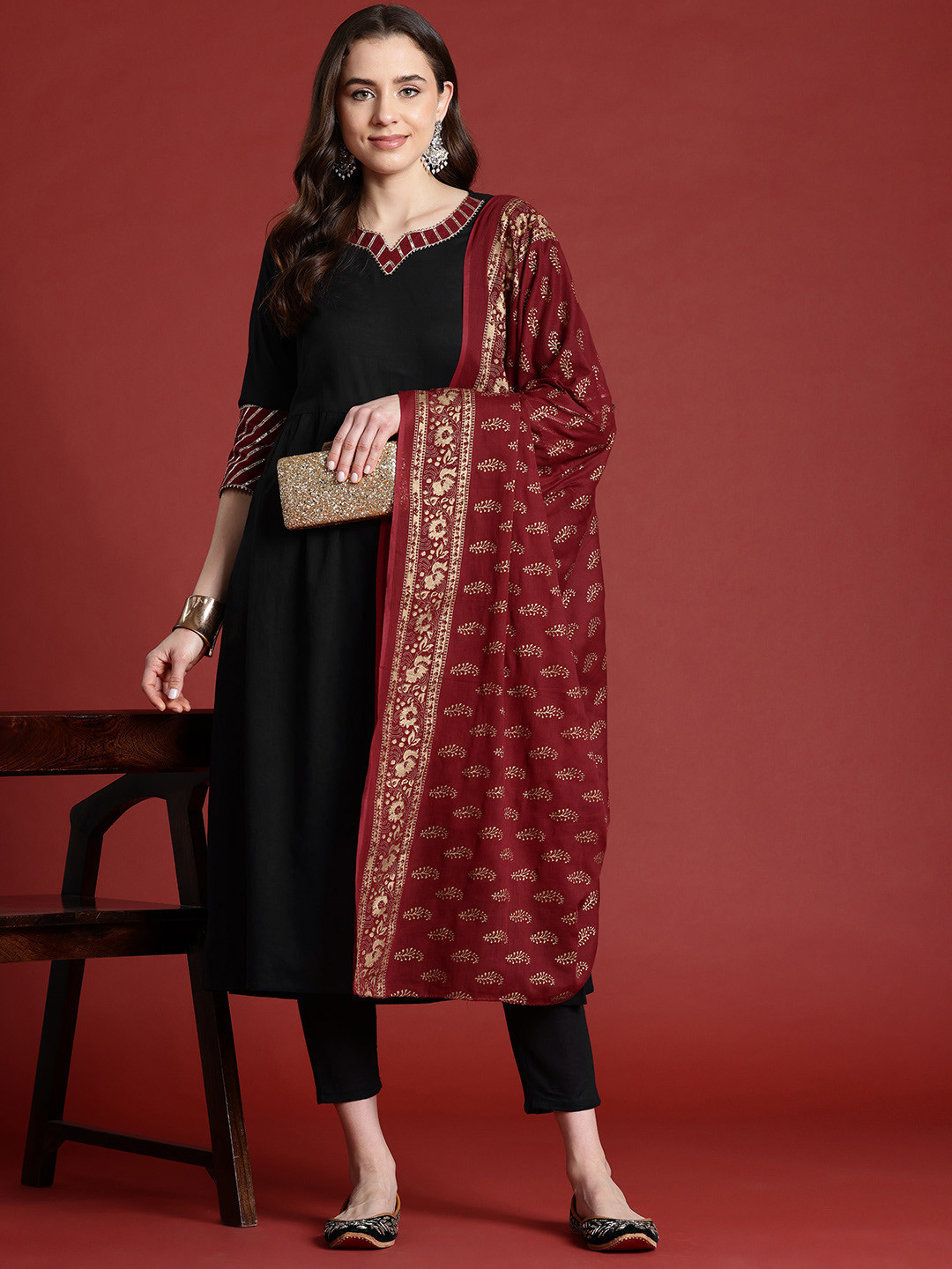 

Anouk Gotta Patti Pure Cotton Kurta with Trousers & Dupatta, Black