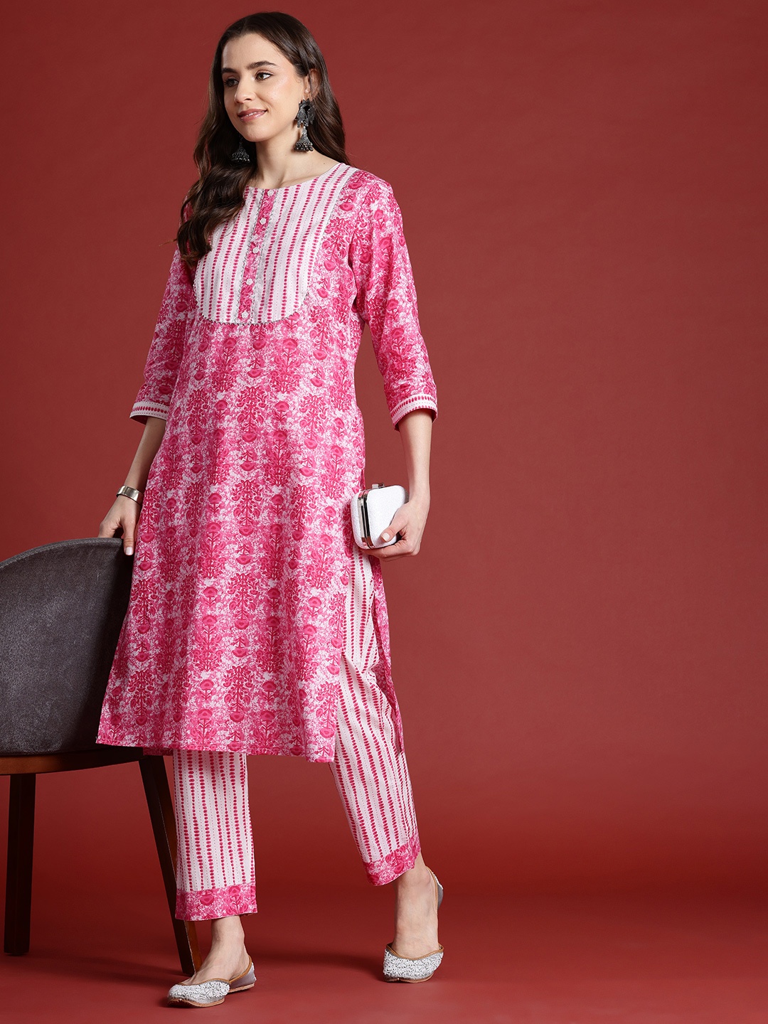 

Anouk Floral Printed Pure Cotton Kurta with Trousers, Pink