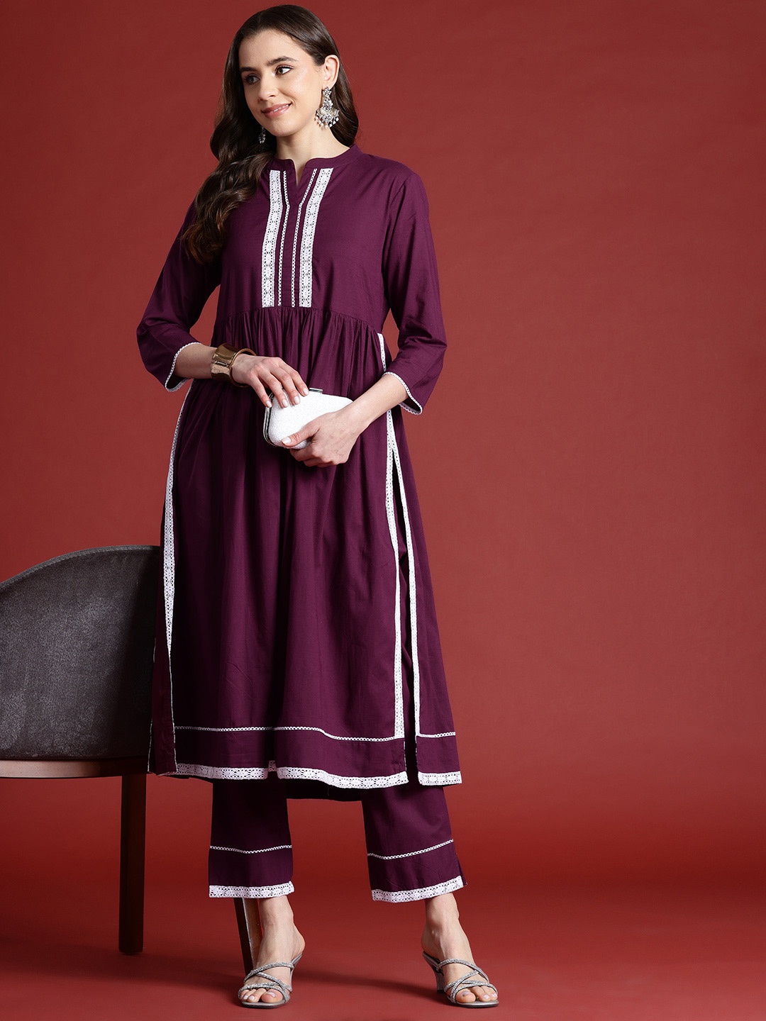 

Anouk Pleated Pure Cotton Kurta with Trousers, Burgundy