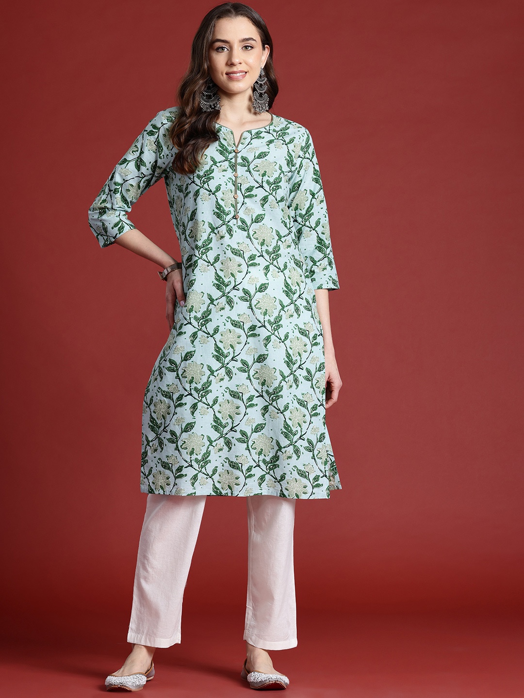 

Anouk Women Floral Printed Pure Cotton Kurta with Trousers, Sea green