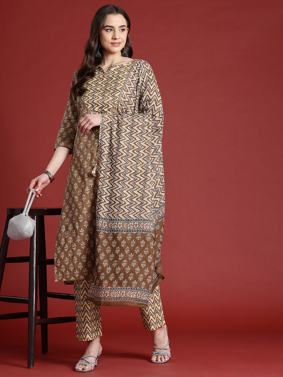 

Anouk Women Ethnic Motifs Printed Gotta Patti Cotton Kurta with Trousers & With Dupatta, Brown