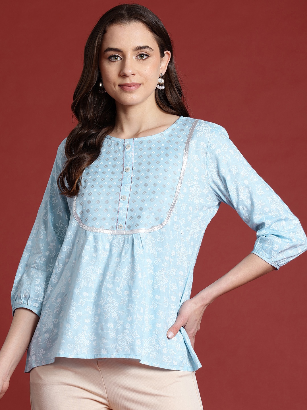 

Anouk Floral Printed Gotta Patti A-Line Short Kurti, Blue