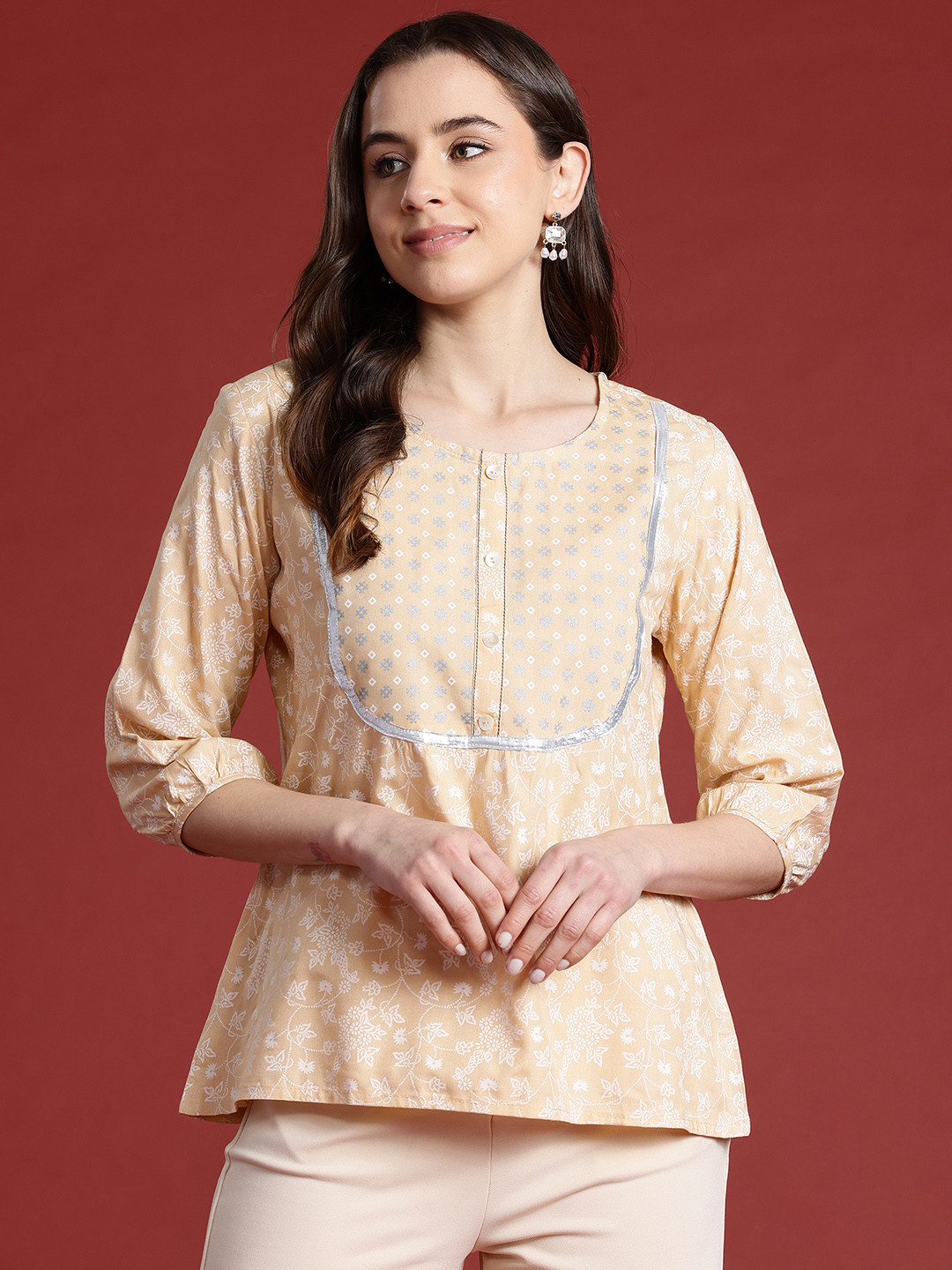 

Anouk Floral Printed Gotta Patti A-Line Short Kurti, Beige