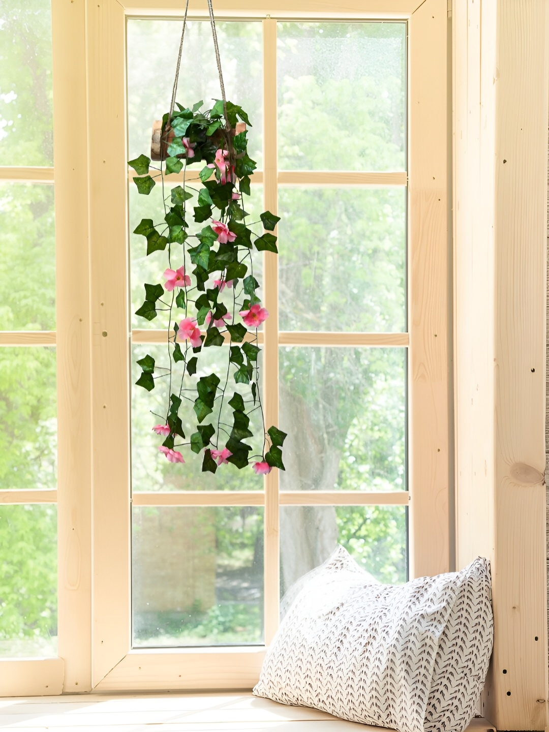 

DECOREBUGS Pink Hanging Artificial Plant With Wooden Pot