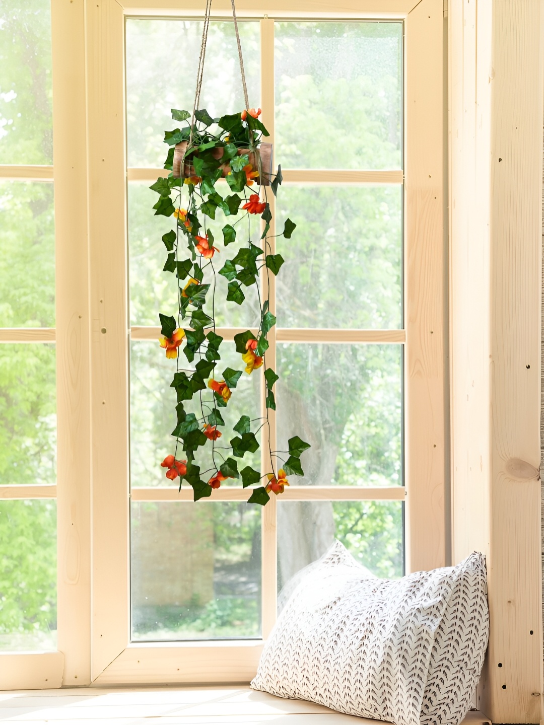 

DECOREBUGS Orange & Green Hanging Artificial Plant With Wooden Pot
