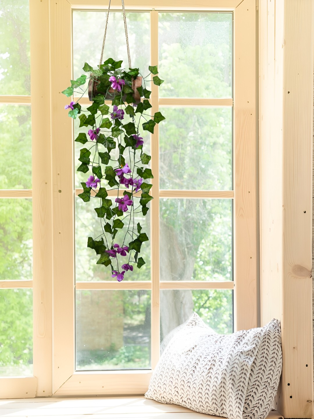 

DECOREBUGS Purple & Green Hanging Artificial Plant With Wooden Pot