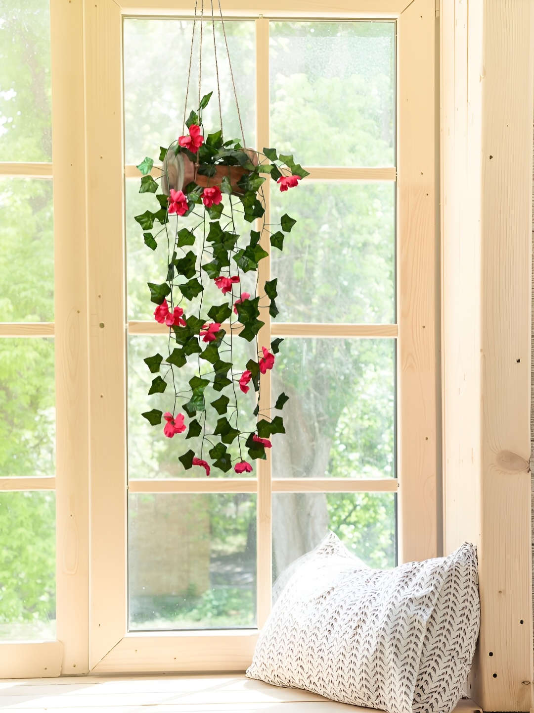 DECOREBUGS Pink Hanging Artificial Plant With Wooden Pot