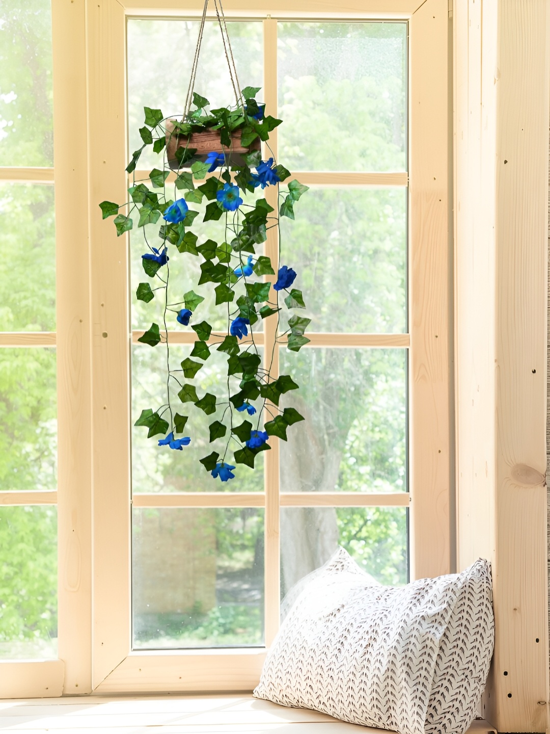 

DECOREBUGS Blue & Green Hanging Artificial Plant With Wooden Pot