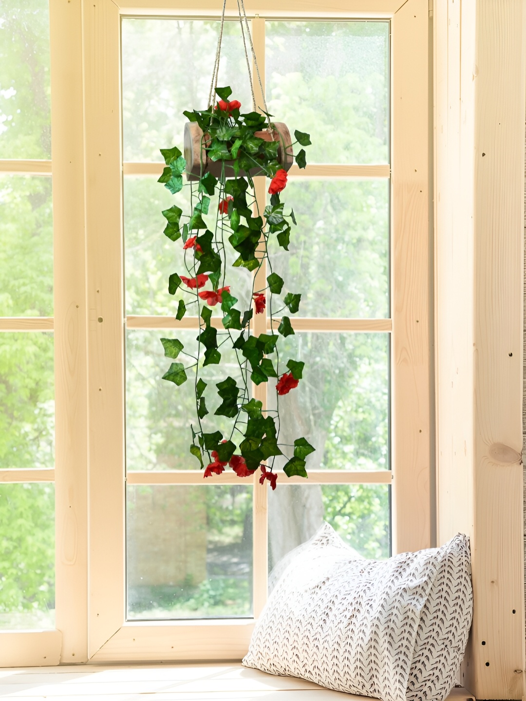 

DECOREBUGS Red & Green Hanging Artificial Plant With Wooden Pot