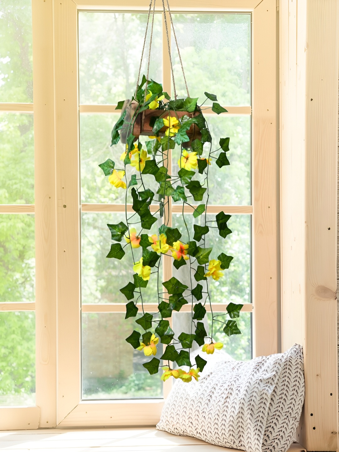 

DECOREBUGS Yellow & Green Hanging Artificial Plant With Wooden Pot