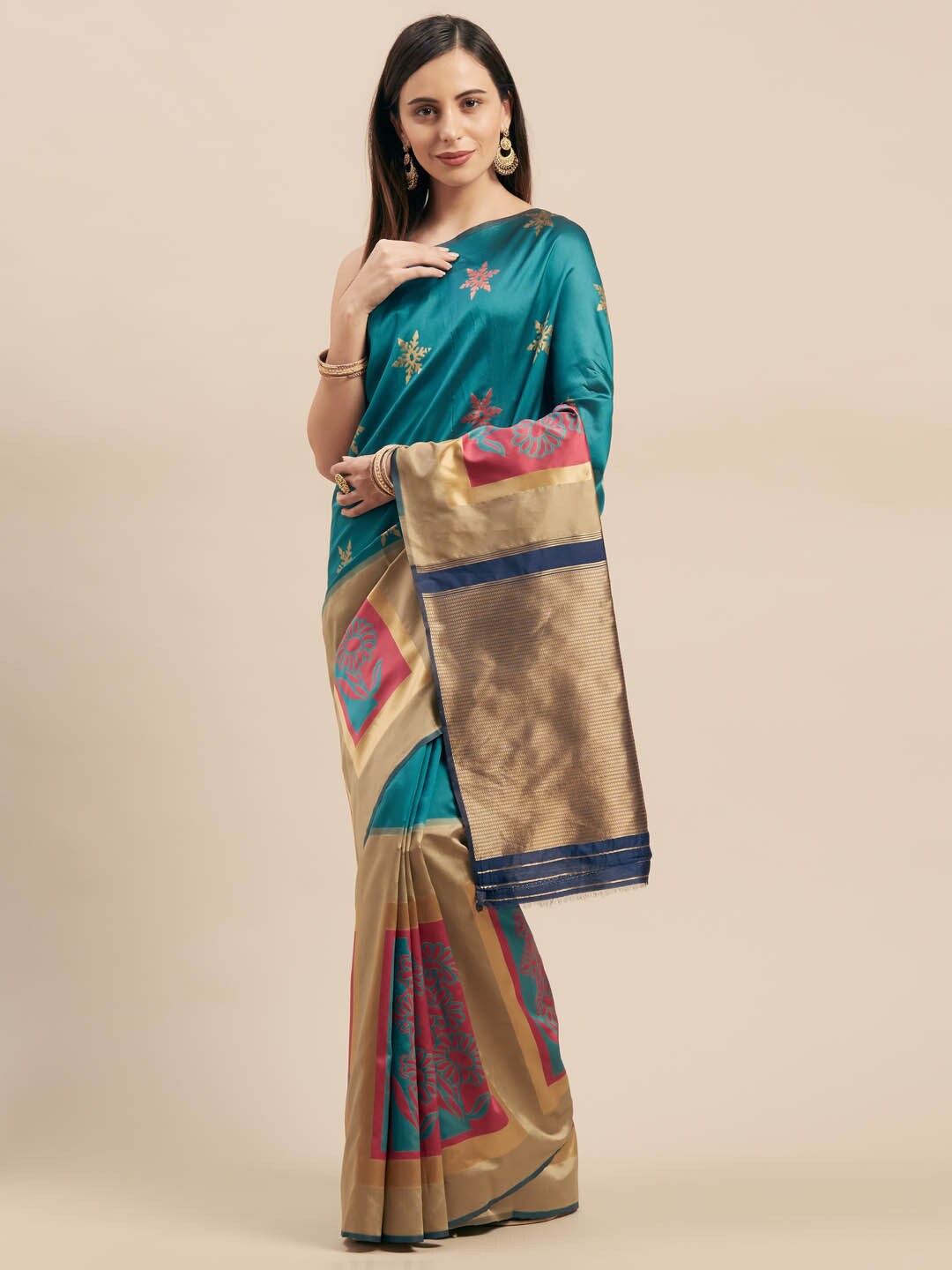 

KALINI Ethnic Motifs Zari Silk Blend Saree, Teal