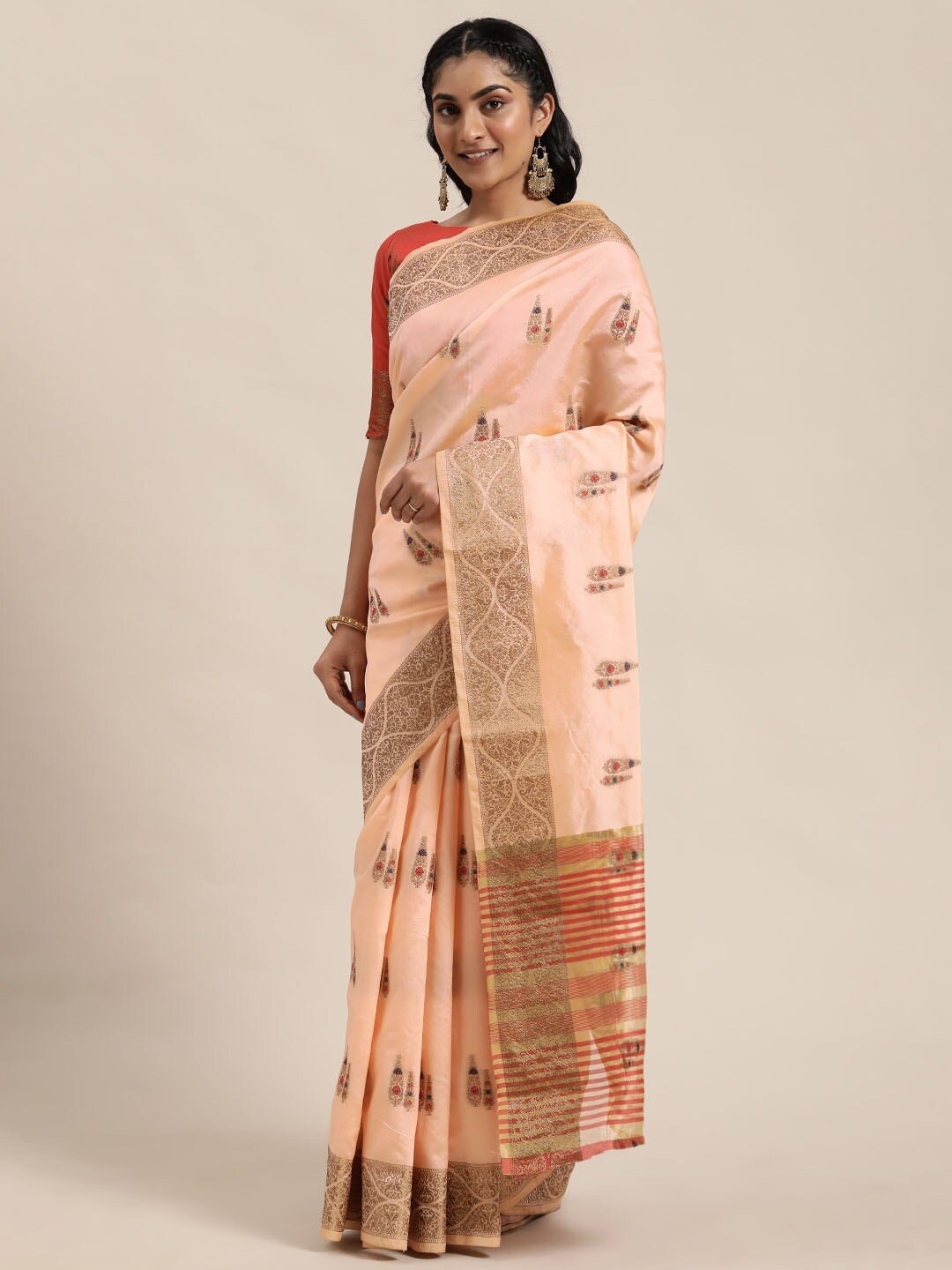 

KALINI Ethnic Motifs Woven Design Zari Saree, Peach