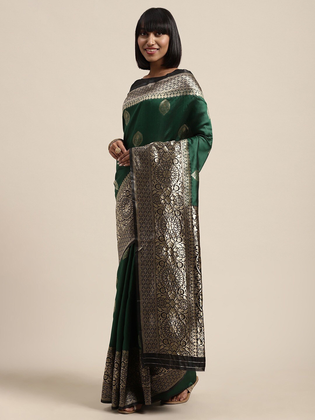 

KALINI Ethnic Motifs Woven Design Zari Saree, Green