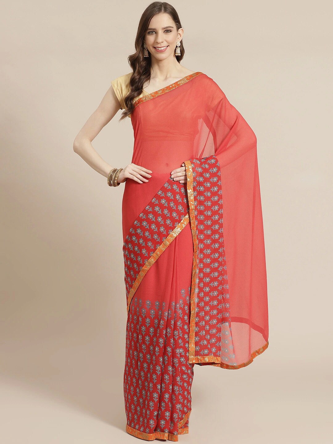 

KALINI Floral Printed Pure Georgette Saree, Coral