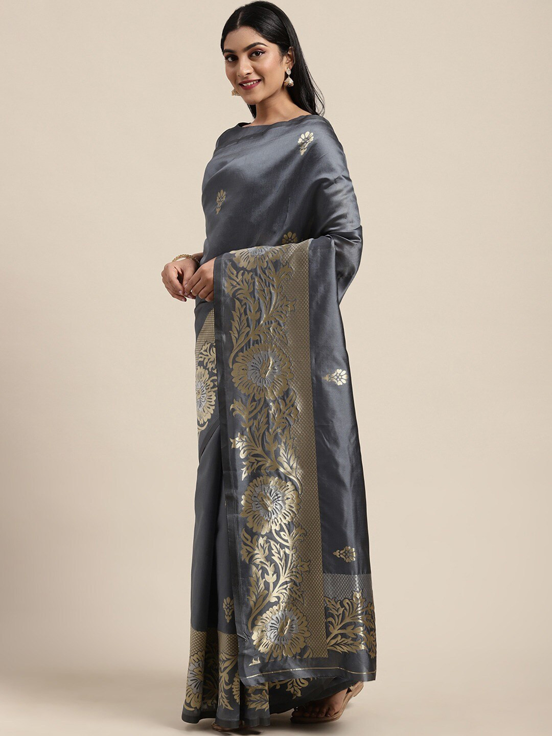 

KALINI Ethnic Motifs Woven Design Zari Saree, Grey