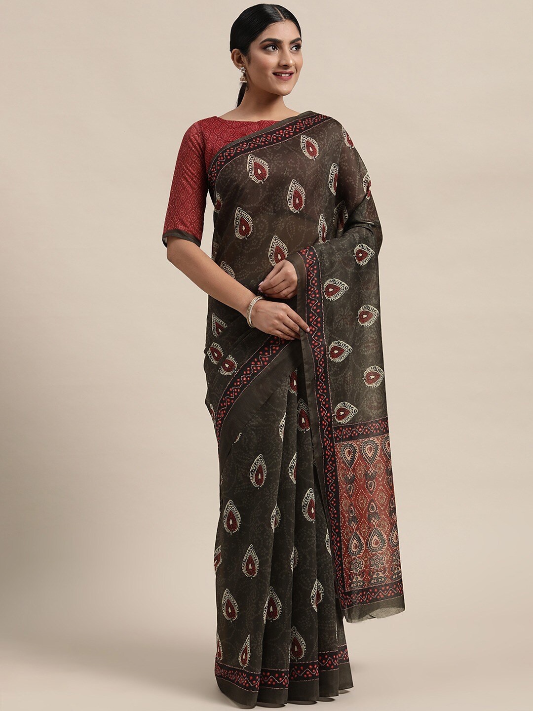 

KALINI Ethnic Motifs Printed Saree, Olive