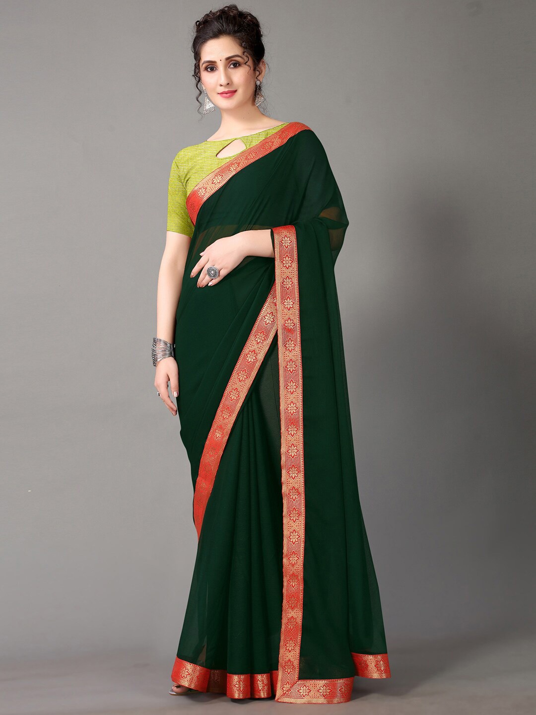 

KALINI Woven Design Border Zari Saree, Green