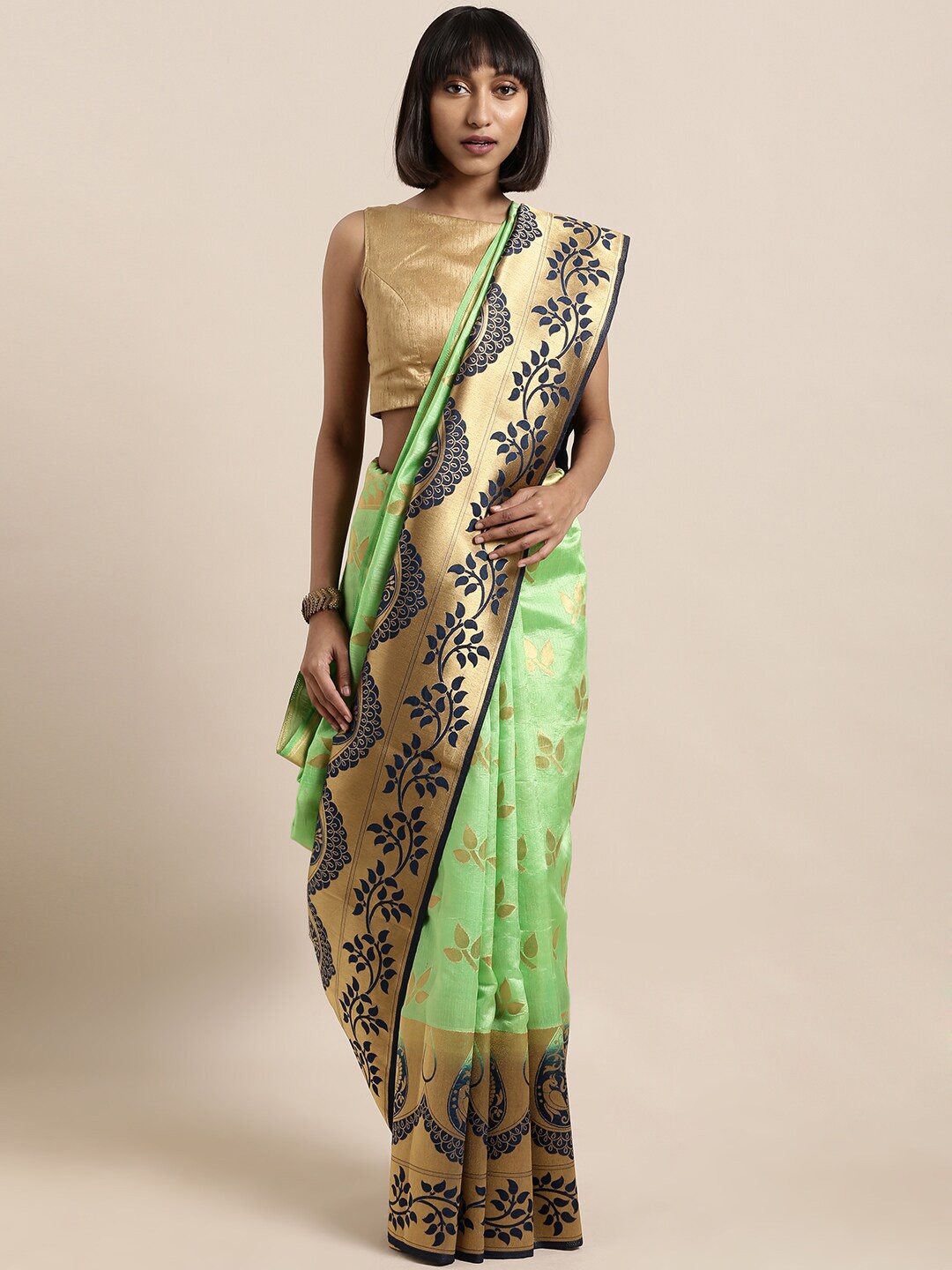 

KALINI Ethnic Motifs Woven Design Zari Silk Cotton Saree, Green