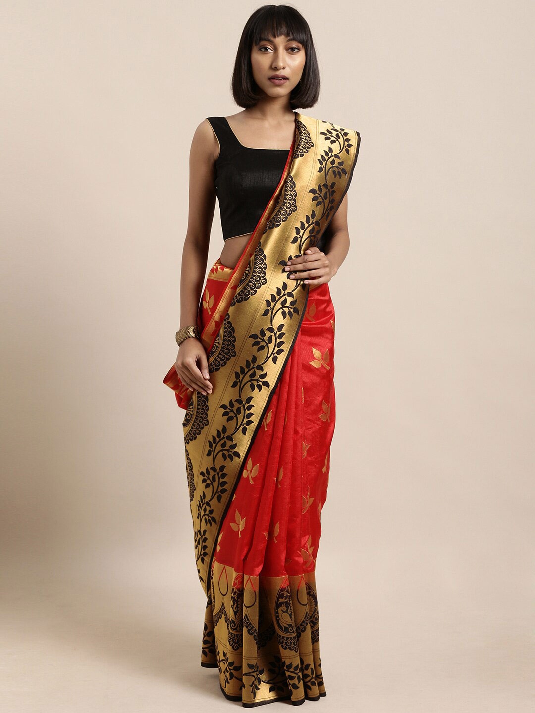 

KALINI Floral Woven Design Silk Cotton Zari Saree, Red