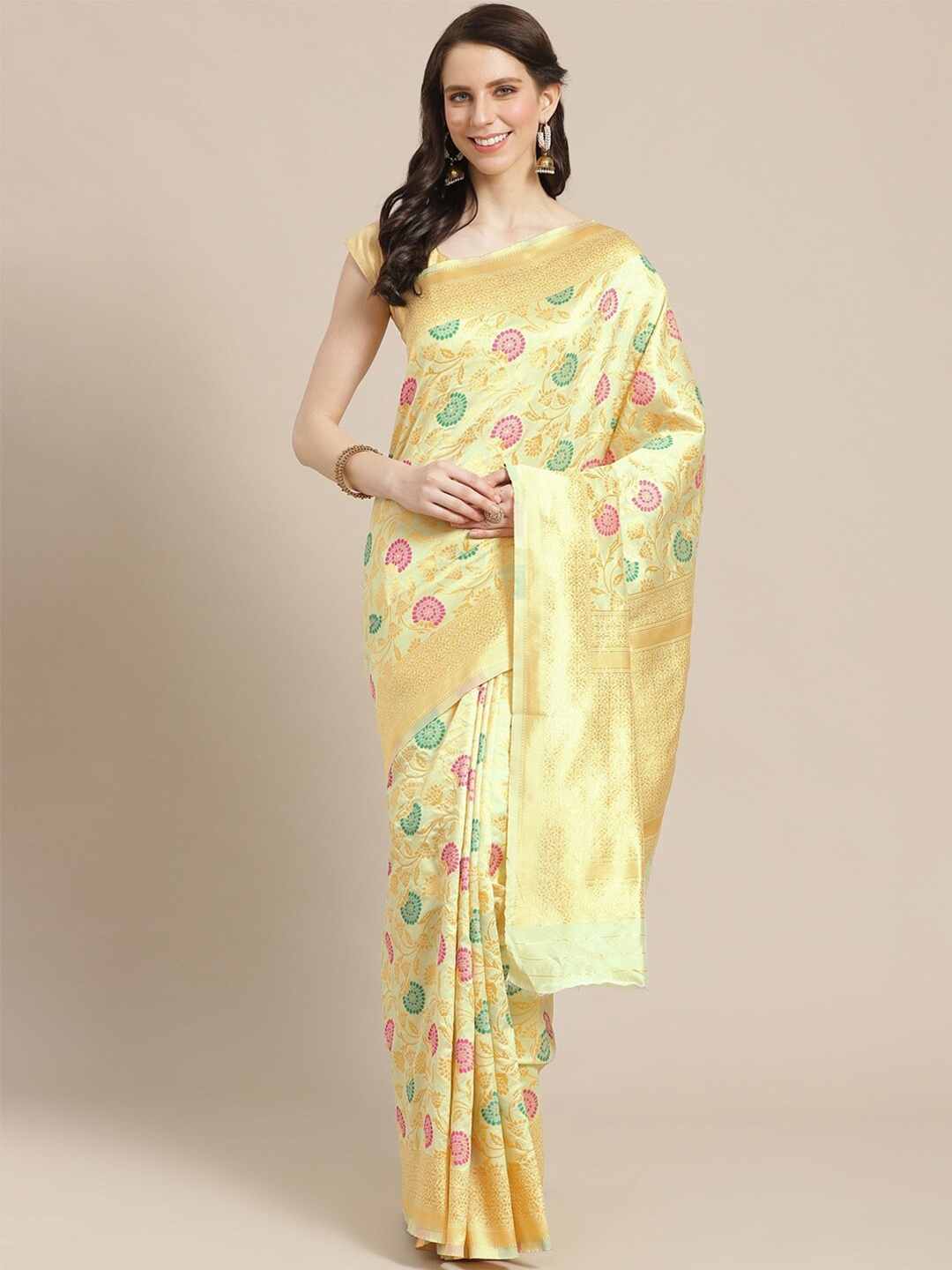

KALINI Ethnic Motif Woven Design Zari Saree, Green