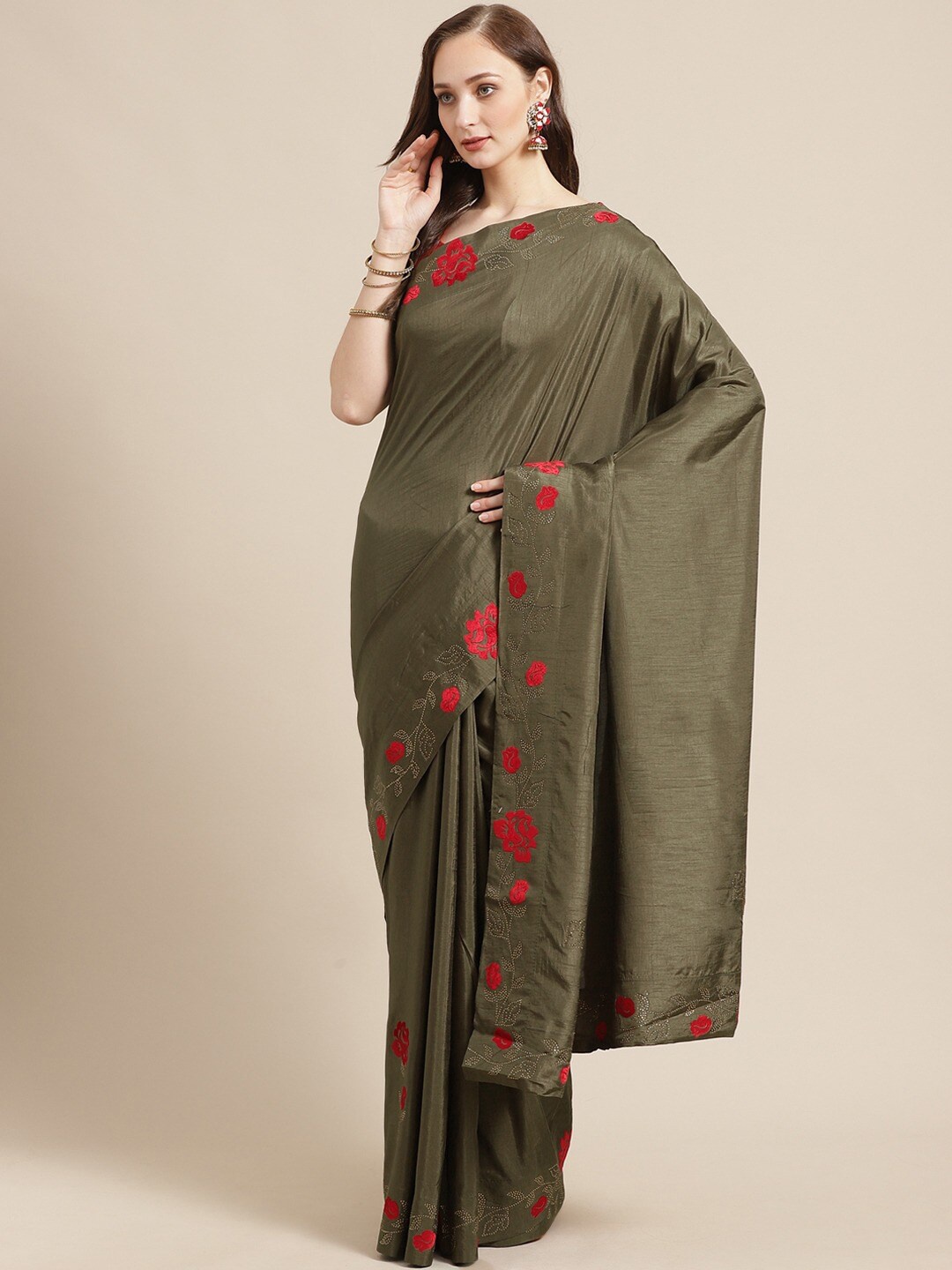 

KALINI Embroidered Saree, Olive