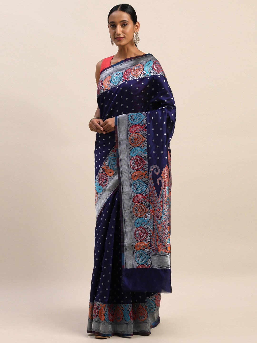 

KALINI Ethnic Motifs Woven Design Zari Saree, Navy blue
