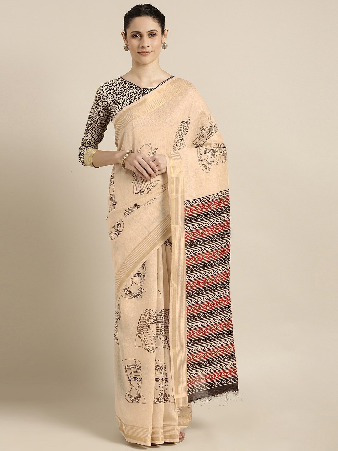 

KALINI Ethnic Motifs Printed Zari Silk Cotton Saree, Cream
