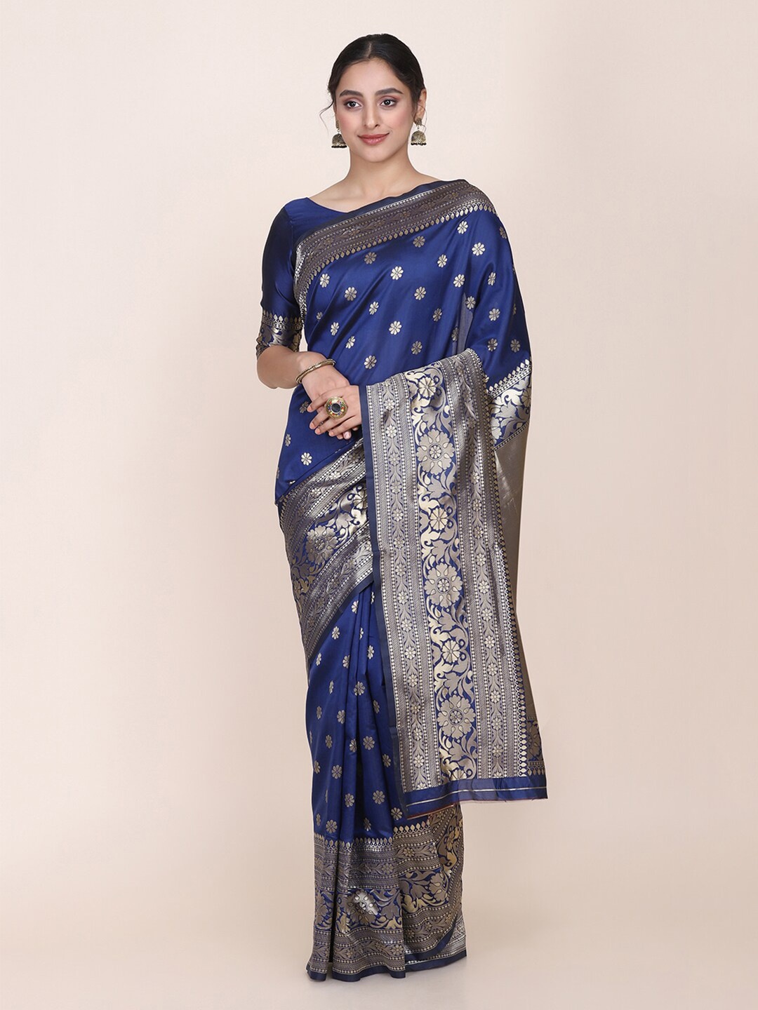 

KALINI Ethnic Motifs Woven Design Zari Saree, Navy blue