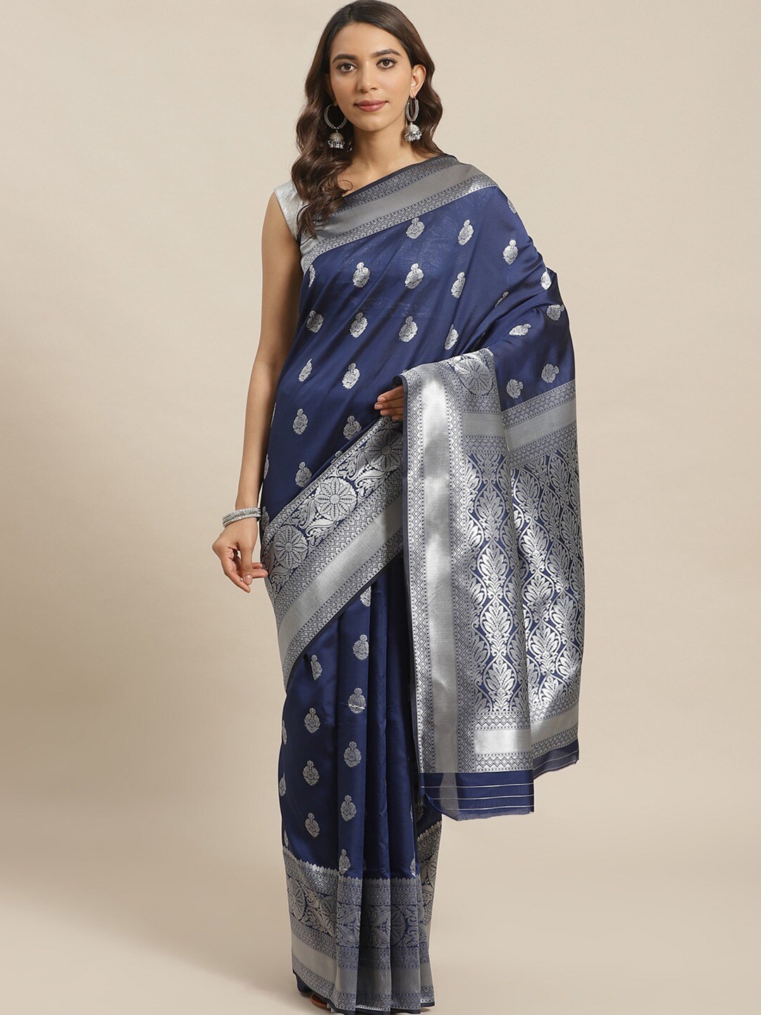 

KALINI Ethnic Motifs Woven Design Zari Silk Blend Saree, Navy blue
