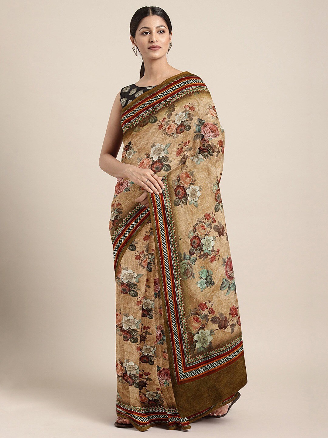 

KALINI Floral Printed Silk Blend Saree, Beige