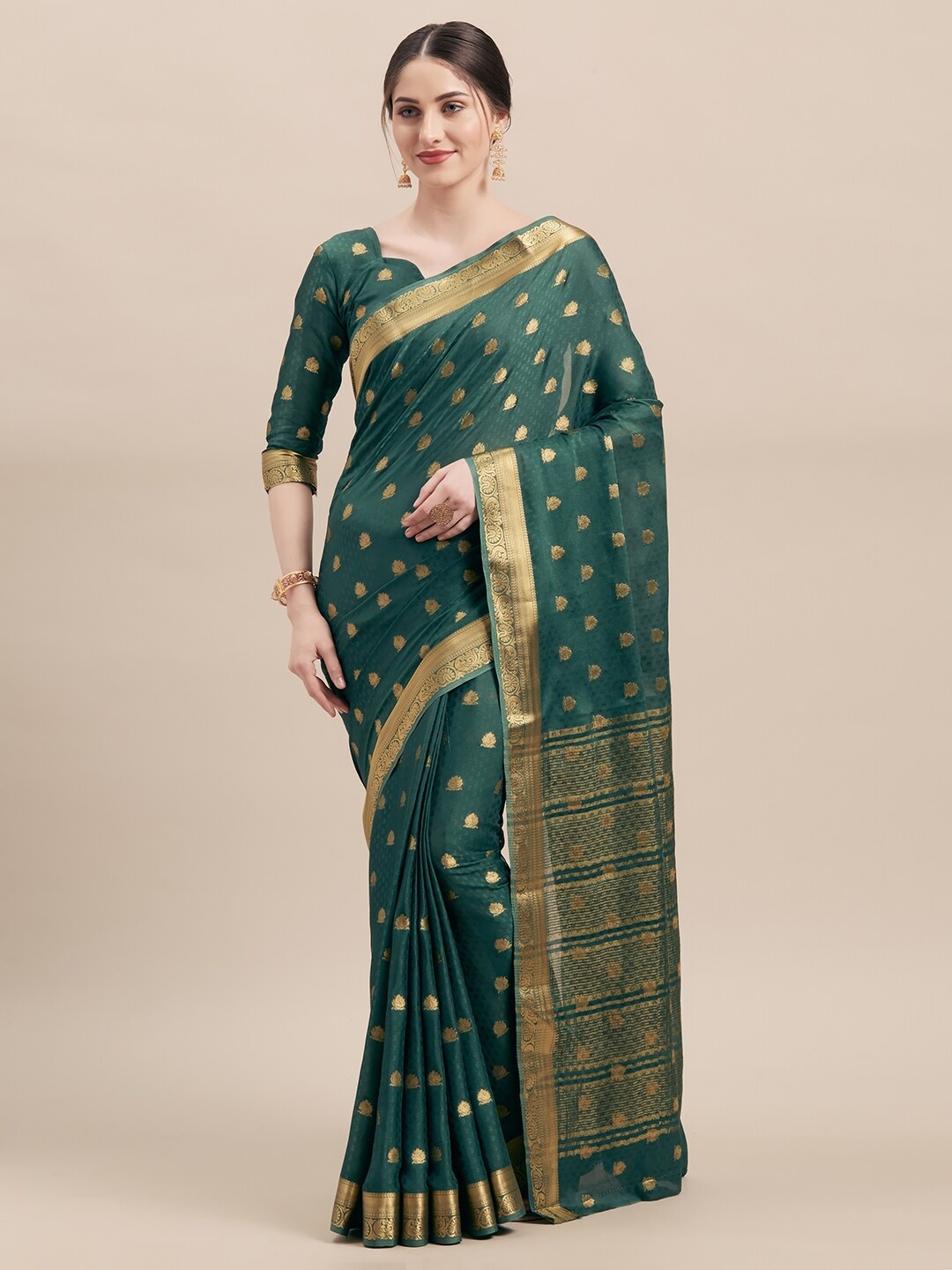 

KALINI Ethnic Motifs Woven Design Zari Silk Blend Saree, Green