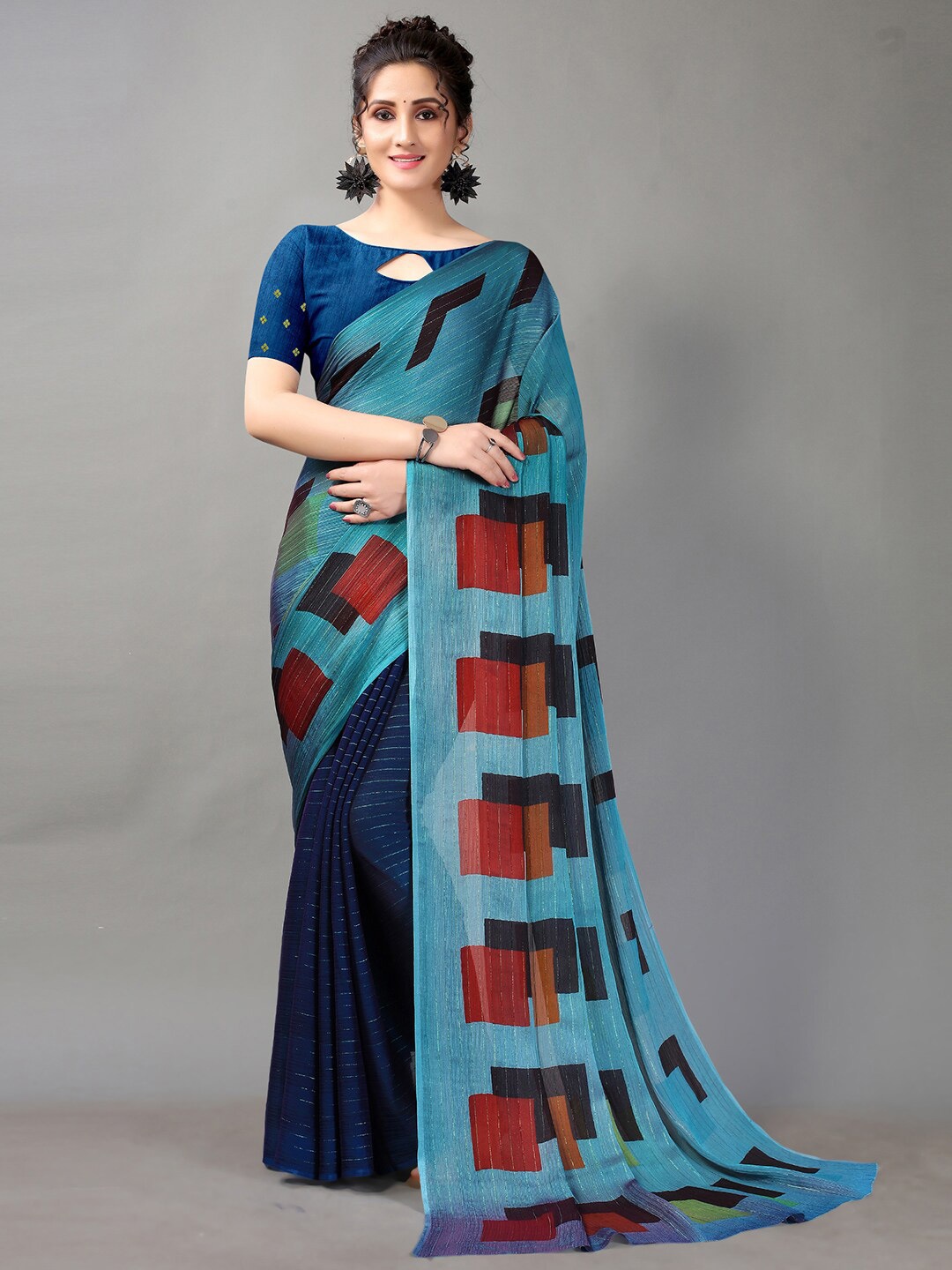 

KALINI Geometric Printed Saree, Navy blue