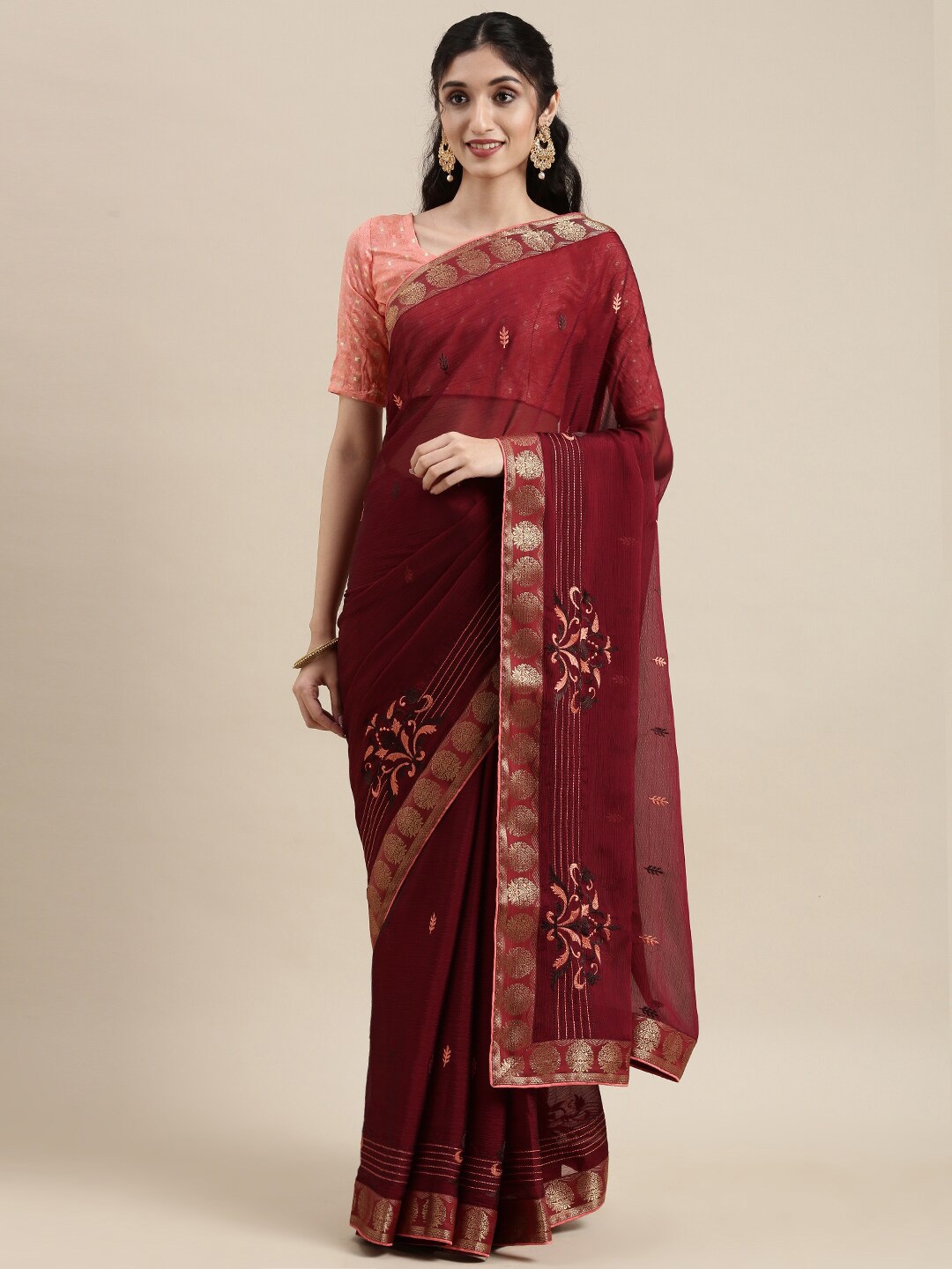

KALINI Ethnic Motifs Woven Design Zari Saree, Maroon