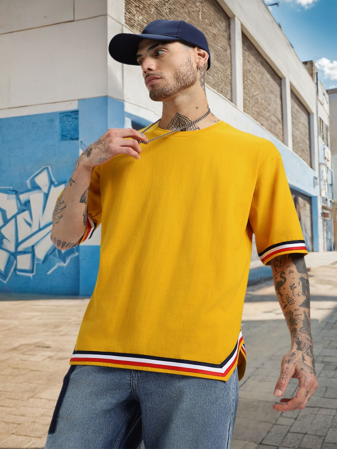 

VEIRDO Men Round Neck Drop Shoulder Sleeves Pure Cotton Tappered Oversized T-shirt, Mustard