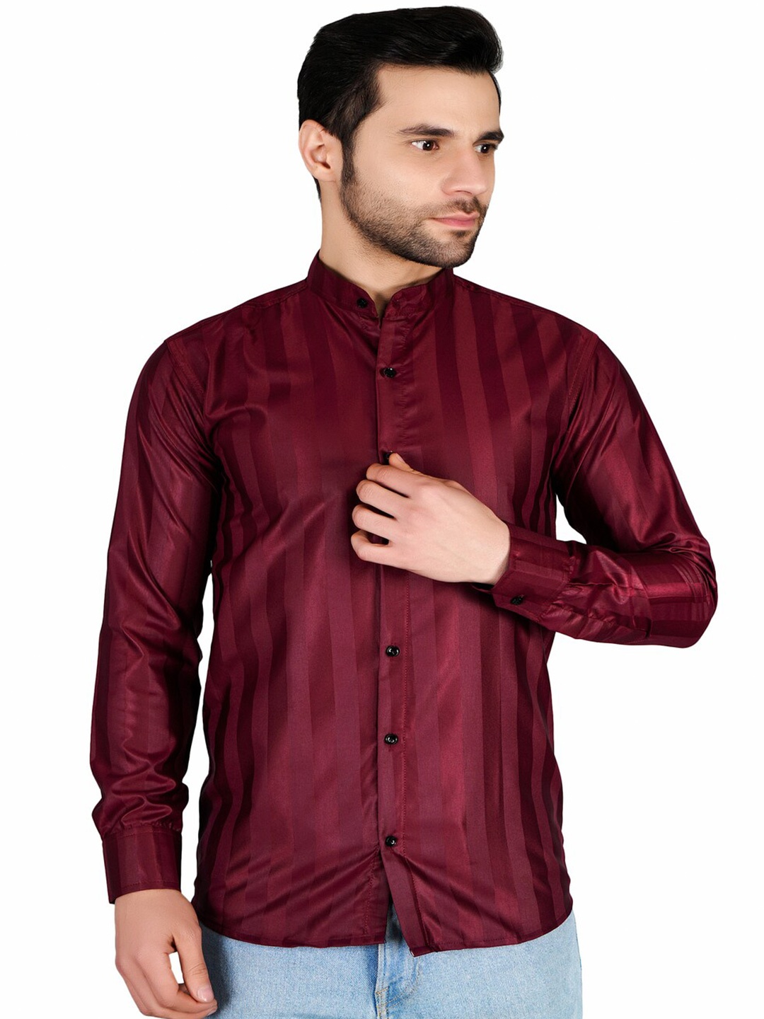 

Bought First Premium Striped Mandarin Collar Long Sleeves Cotton Casual Shirt, Maroon