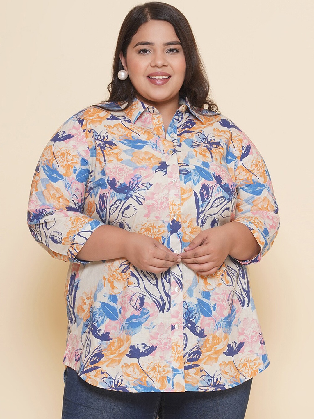 

Kiaahvi by JOHN PRIDE Plus Size Floral Printed Cotton Casual Shirt, Off white