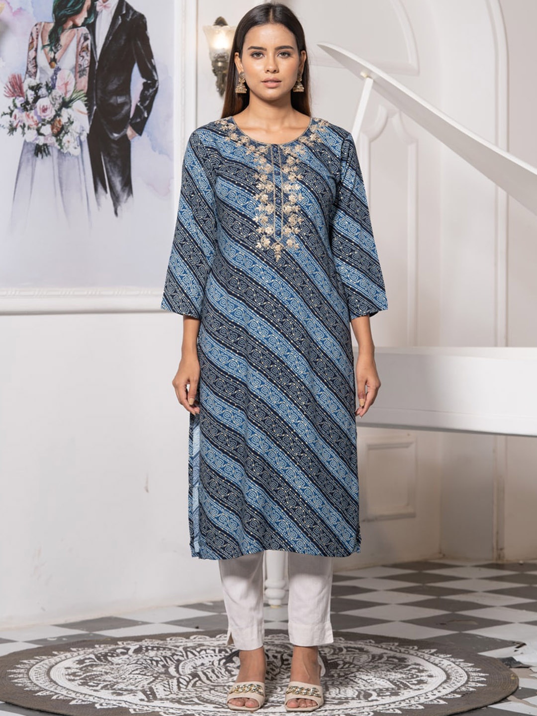 Ode by House of Pataudi Round Neck Printed Mirror Work Floral Kurta, Blue