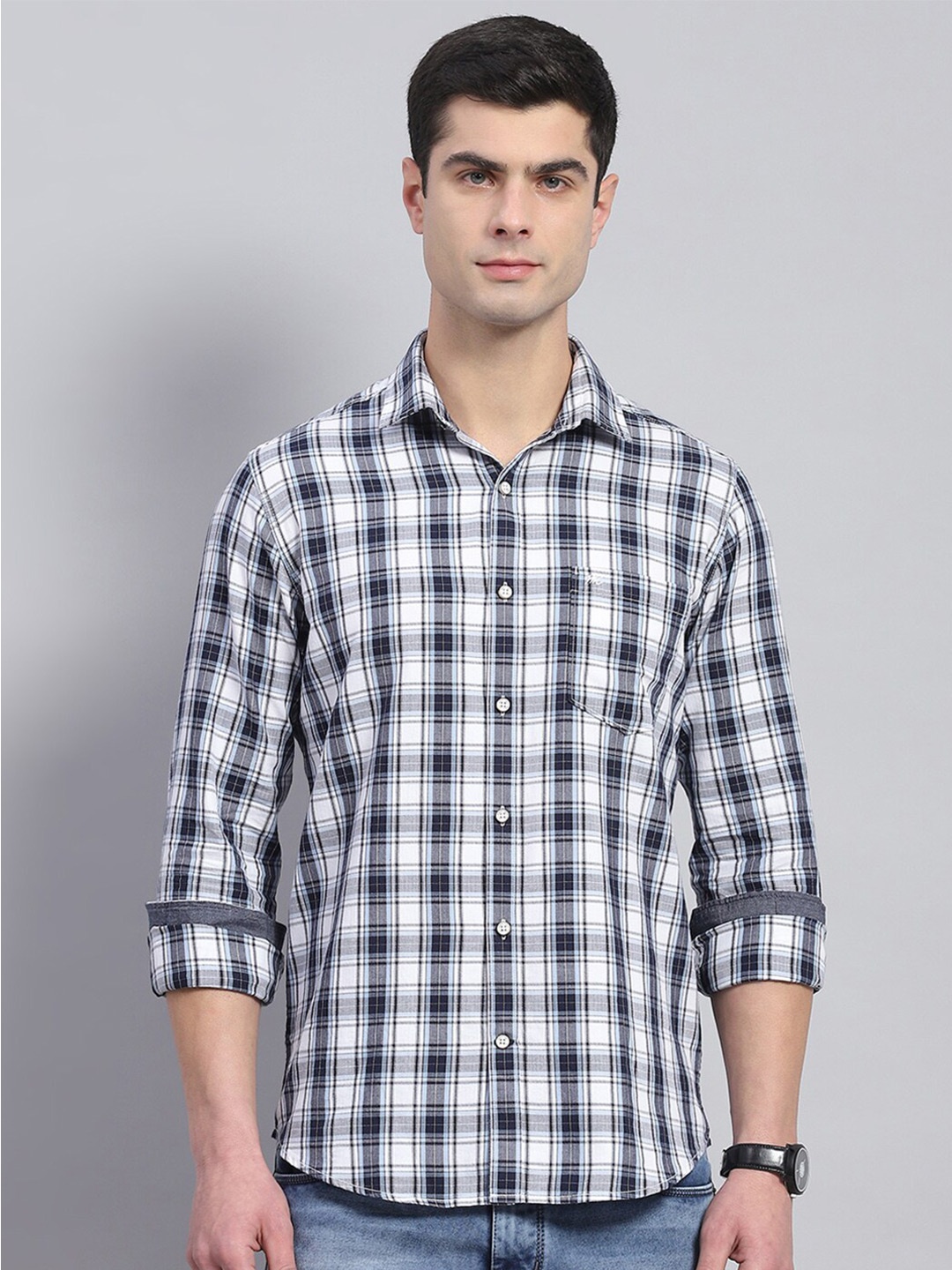 

Monte Carlo Men Classic Tartan Checks Spread Collar Cotton Casual Shirt, Blue