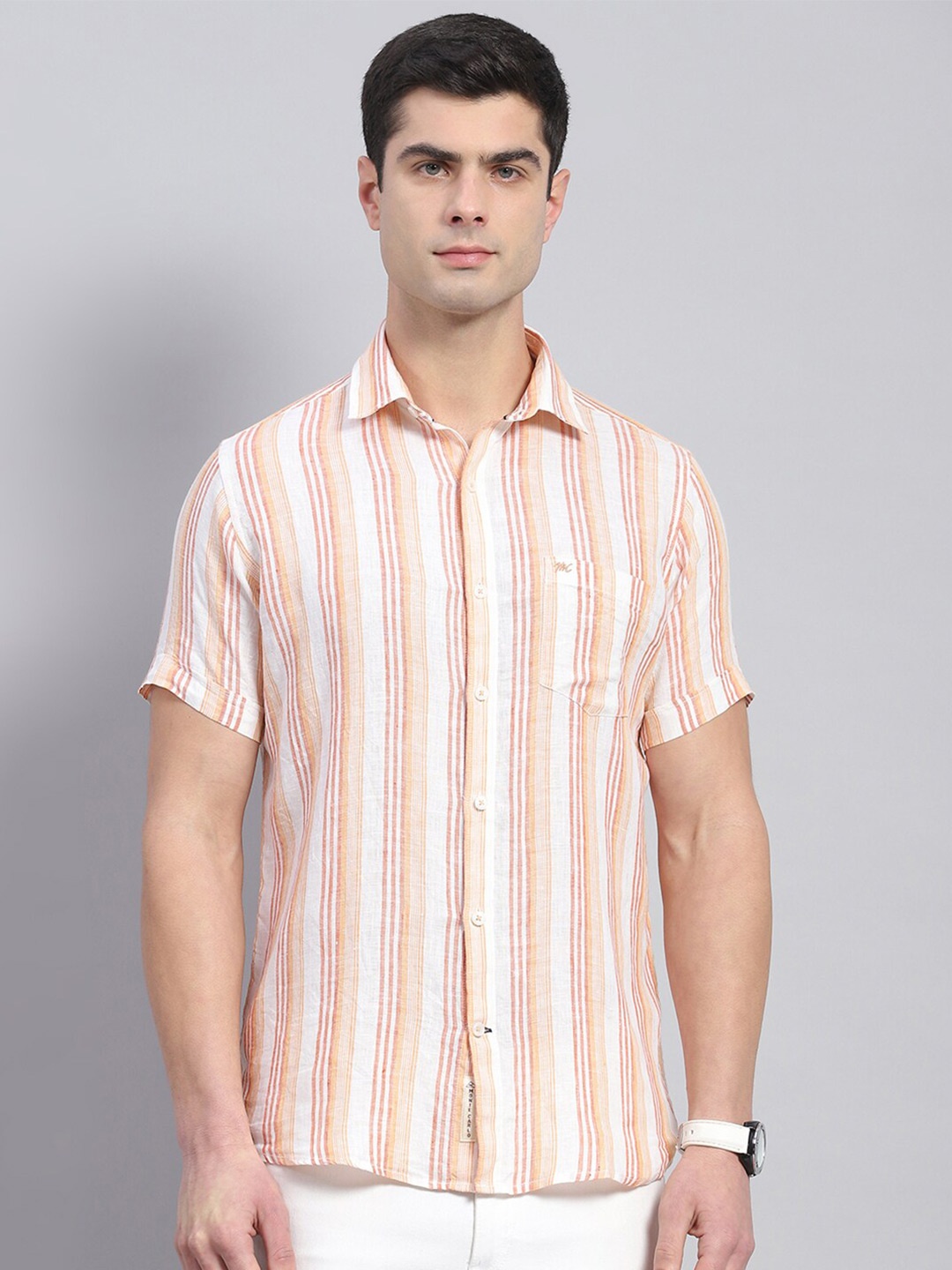 

Monte Carlo Classic Vertical Stripes Spread Collar Linen Casual Shirt, Orange