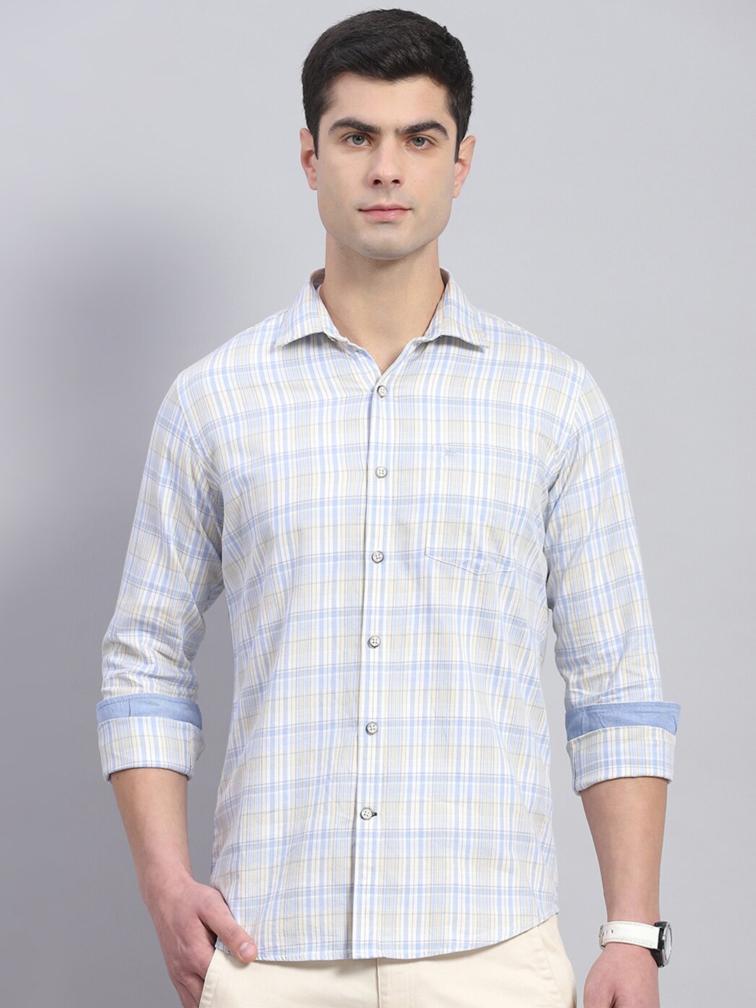 

Monte Carlo Classic Tartan Checks Opaque Cotton Casual Shirt, Blue