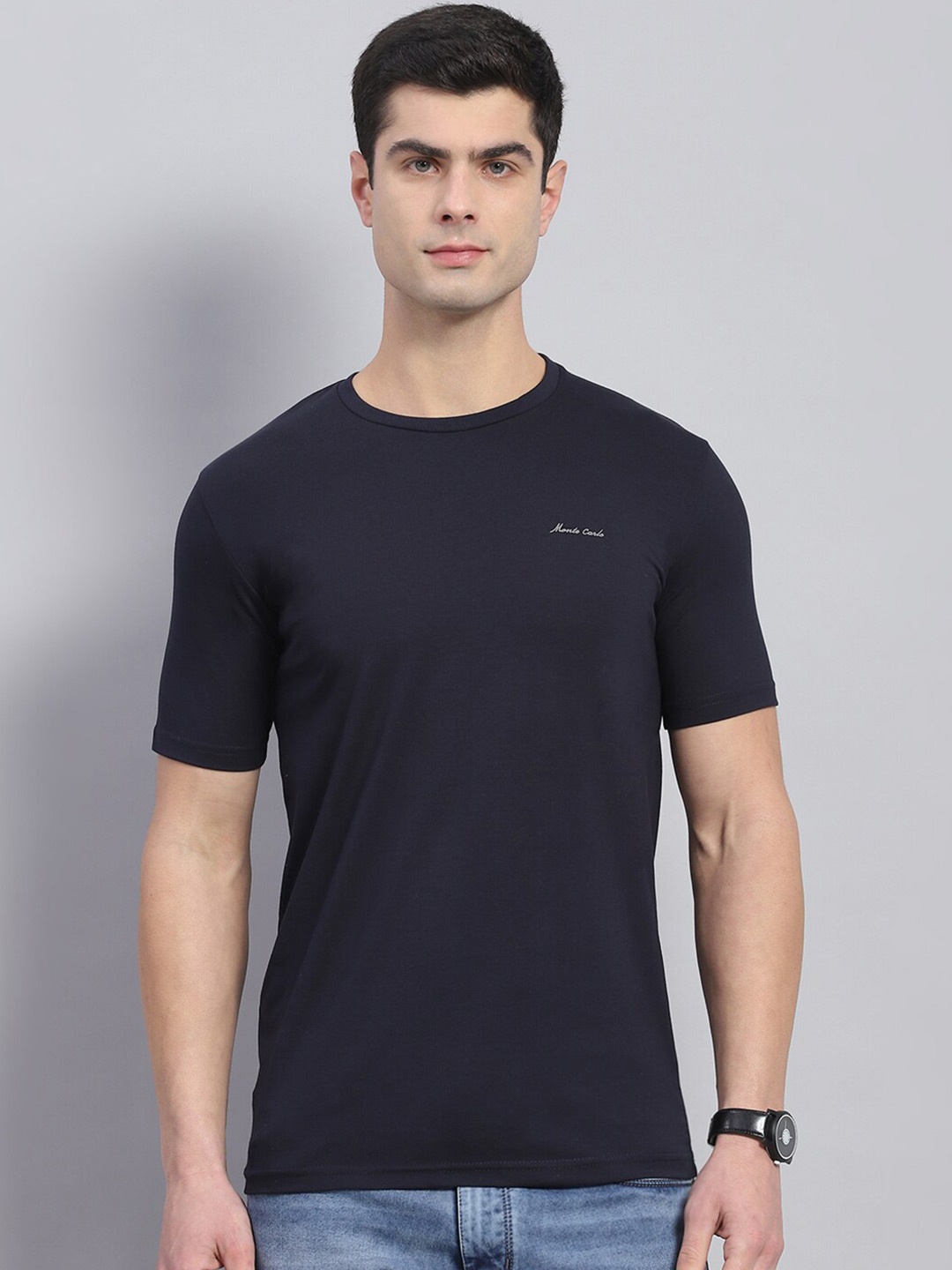 

Monte Carlo Cotton Cut Outs Round Neck T-shirt, Navy blue