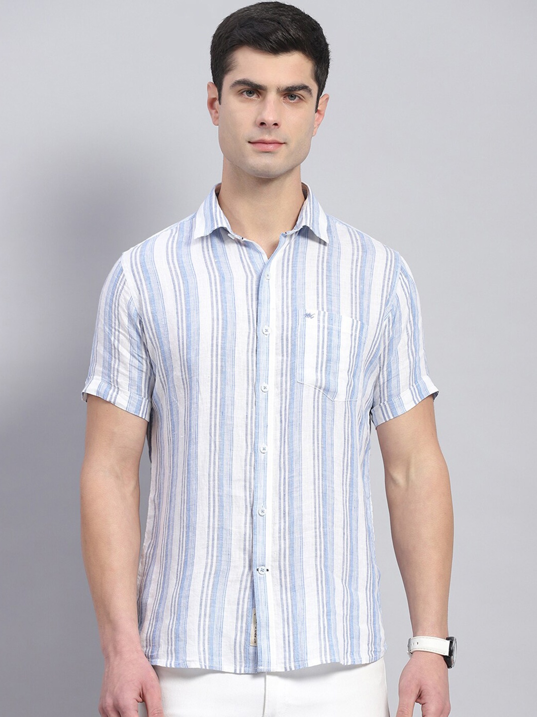 

Monte Carlo Classic Opaque Striped Linen Casual Shirt, Blue